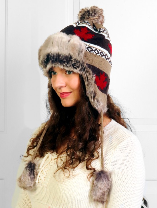 Warm Fur Maple Leaf Knitted Hat W/ Ear Flaps & Fur Tassels