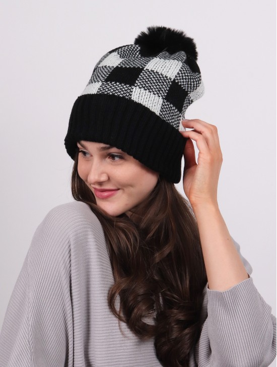 Super Soft Knitted Checker Hat W/ Pom Pom (Plush Inside)