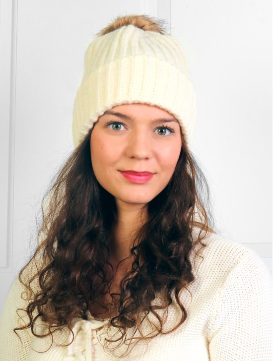  Cable Knitted Hat W/ Faux Fur removable pom pom