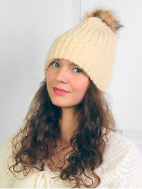  Cable Knitted Hat W/ Faux Fur removable pom pom