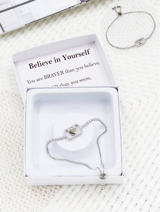 "Believe in Yourself" Adjustable heart Rhinestone Stretch Bracelet with Gift Box