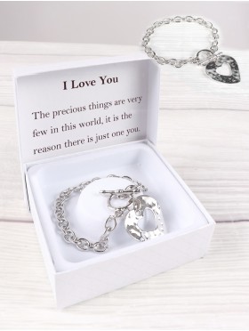 "I Love You" Heart Pendant Link Bracelet  W/ Gift Box 