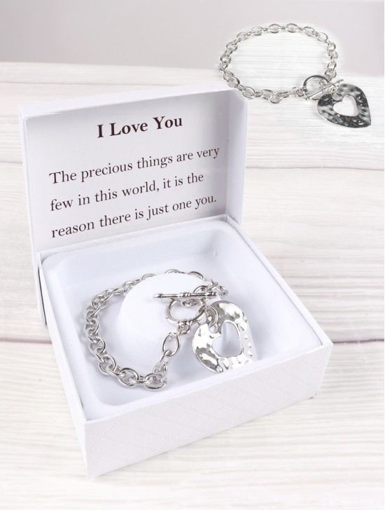 "I Love You" Heart Pendant Link Bracelet  W/ Gift Box 