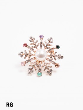 Multi-Color Snowflake Rhinestone Brooch W/ Pearl