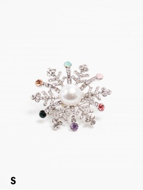Multi-Color Snowflake Rhinestone Brooch W/ Pearl