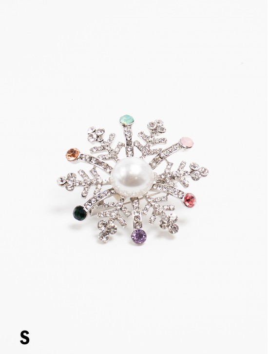 Multi-Color Snowflake Rhinestone Brooch W/ Pearl