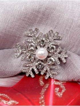 Snowflake Rhinestone Brooch W/ Pearl