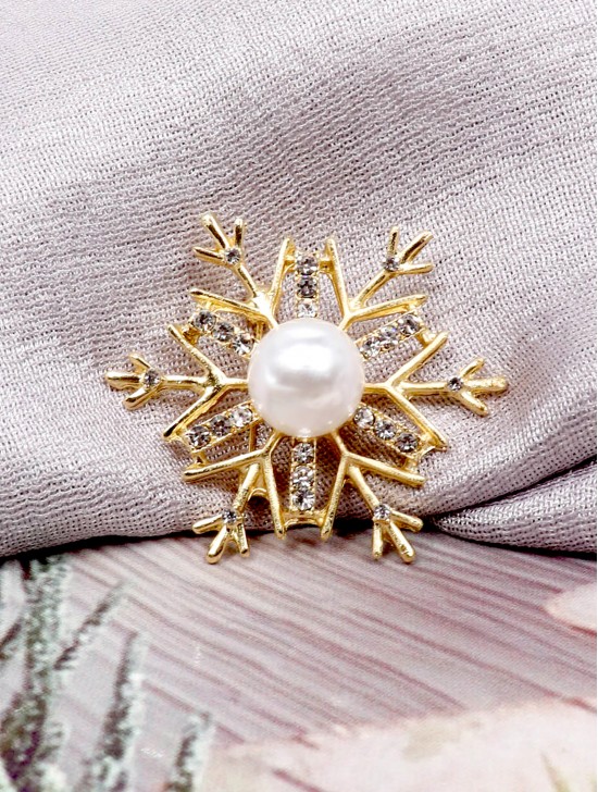 Snowflake Rhinestone Brooch W/ Pearl