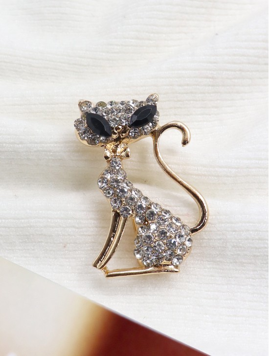 Cat Design Rhinestone Brooch 