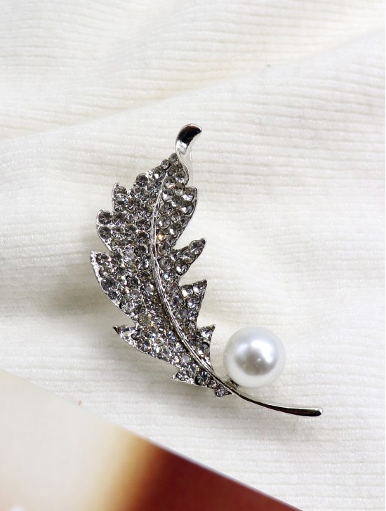 Feather Design Rhinestone Brooch 