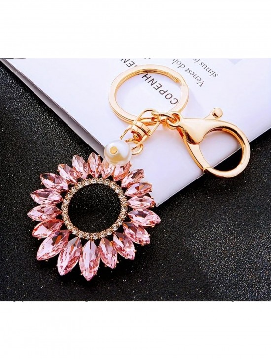 Rhineston Pink Chrysanthemum Keychain