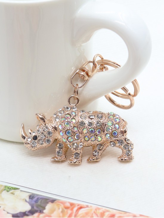 Rhinestone Rhino Design Keychain 