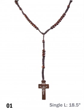 Wood Pendant Necklace Cross Rosary Bead Chain