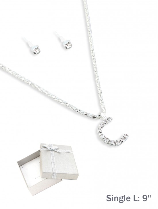 INITIAL RHINESTONE NECKLACE AND EARRING SET