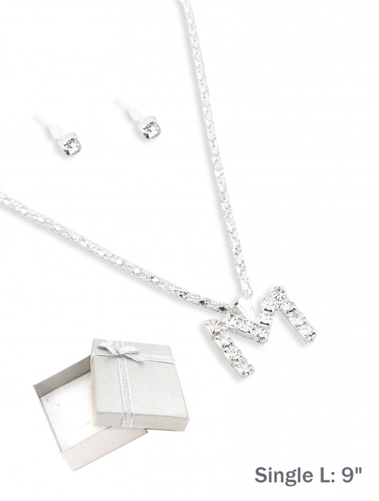 INITIAL RHINESTONE NECKLACE AND EARRING SET