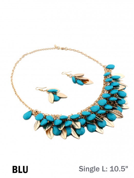 TWO TONE BEAD AND LEAF DESIGN NECKLACE WITH EARRING SET