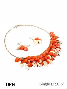 TWO TONE BEAD AND LEAF DESIGN NECKLACE WITH EARRING SET
