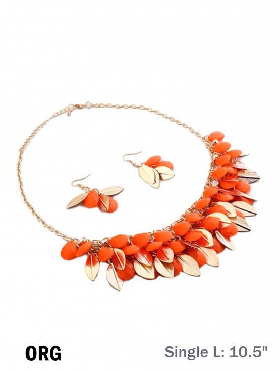 TWO TONE BEAD AND LEAF DESIGN NECKLACE WITH EARRING SET