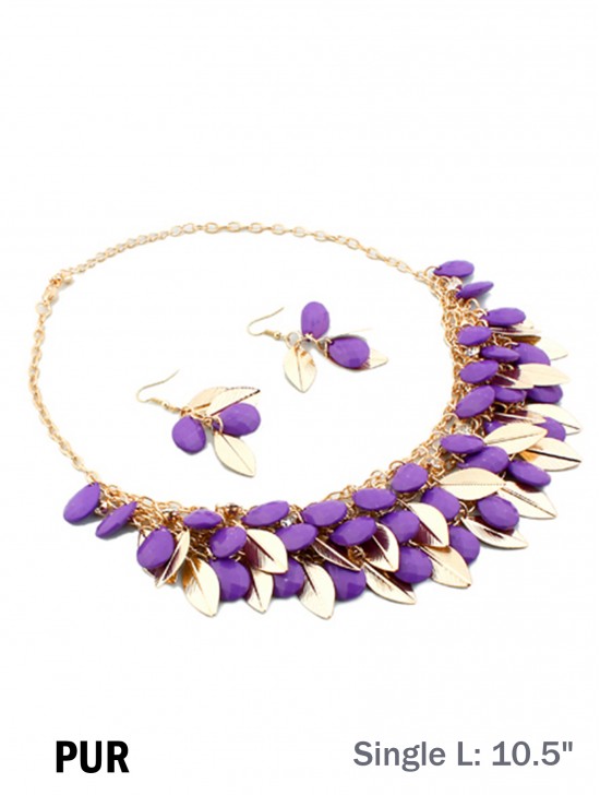 TWO TONE BEAD AND LEAF DESIGN NECKLACE WITH EARRING SET