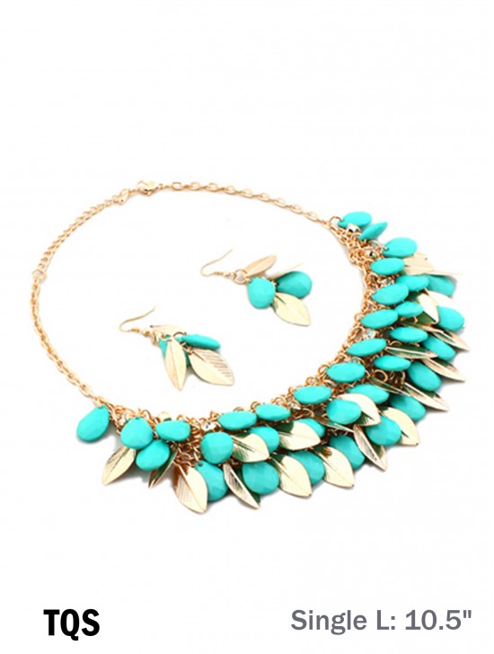 TWO TONE BEAD AND LEAF DESIGN NECKLACE WITH EARRING SET