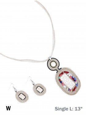 Gem Pendant Rope Necklace W/ Earring Set