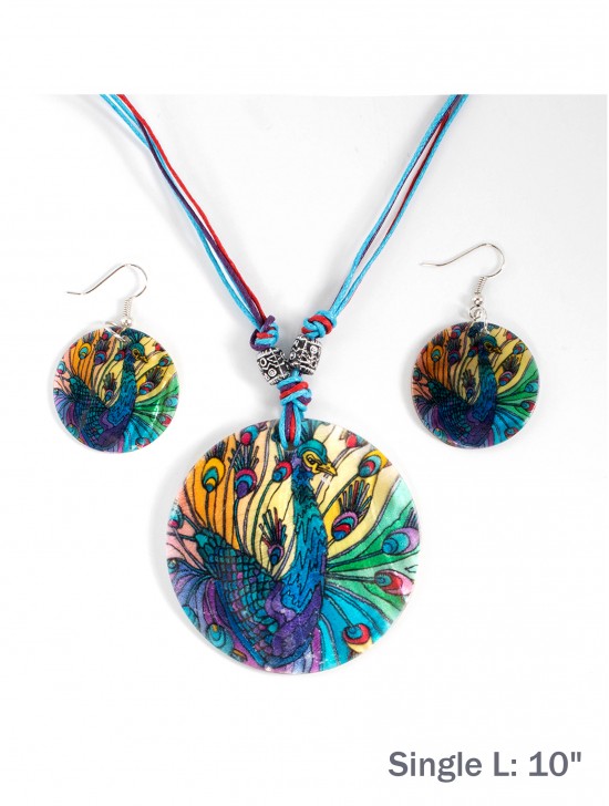 Fashion Peacock Print Shell Necklace and Earrings Set