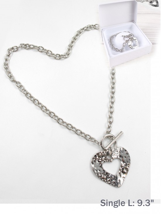 Heart Pendant Link Necklace  and Bracelet Set (NC1227 + BR1227)