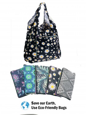 Abstract Flower Themed Reusable Foldable Shopping Bags W/ Zipper(6 pcs)