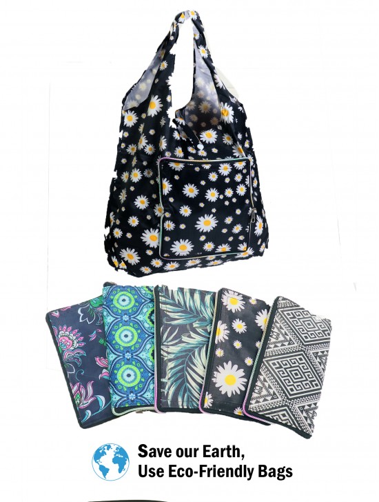 Abstract Flower Themed Reusable Foldable Shopping Bags W/ Zipper(6 pcs)