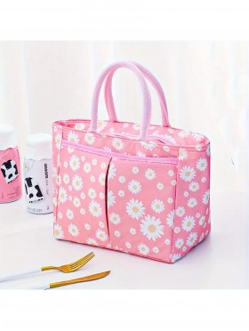 Daisy Print Insulated Lunch Bag with Zip Closure and Outside Pockets