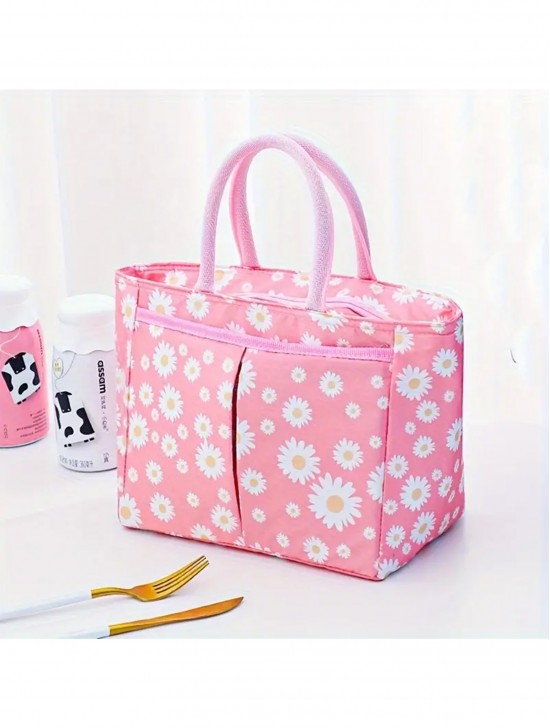 Daisy Print Insulated Lunch Bag with Zip Closure and Outside Pockets