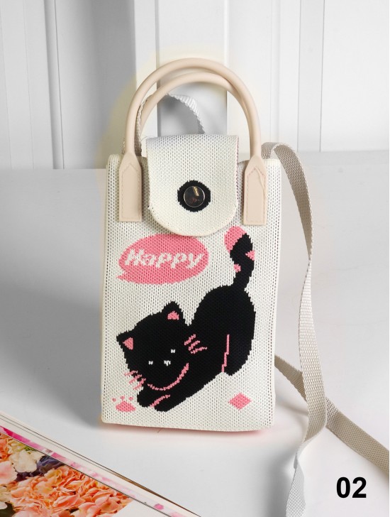 Large Capacity Super Soft Cat Patterned Knitted Cellphone Bag W Strap