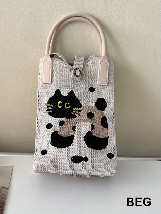 Large Capacity Super Soft Cat Patterned Knitted Cellphone Bag W Strap