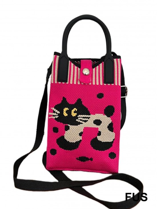 Large Capacity Super Soft Cat Patterned Knitted Cellphone Bag W Strap