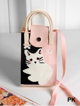 Large Capacity Super Soft Cat Patterned Knitted Cellphone Bag W Strap