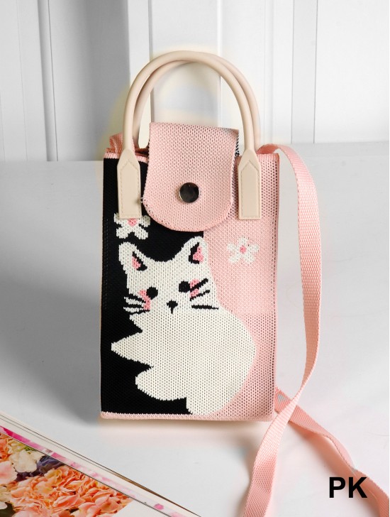 Large Capacity Super Soft Cat Patterned Knitted Cellphone Bag W Strap