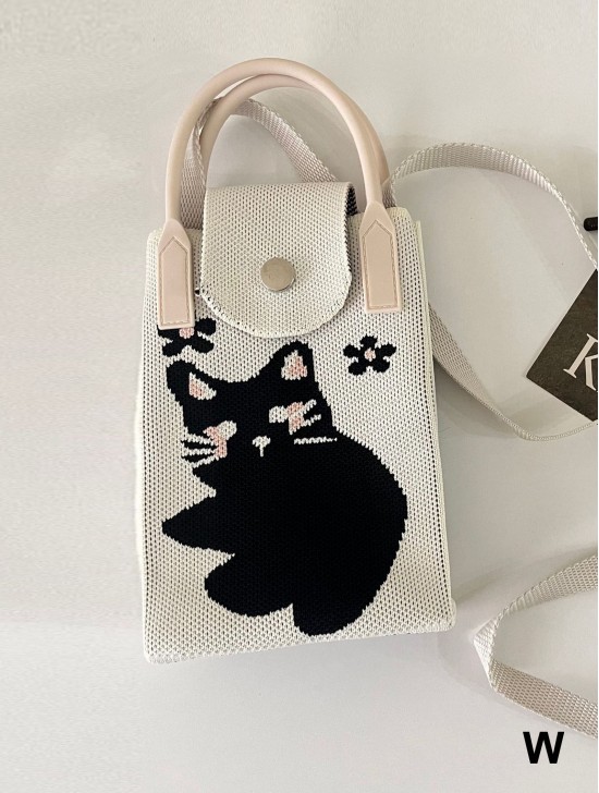 Large Capacity Super Soft Cat Patterned Knitted Cellphone Bag W Strap