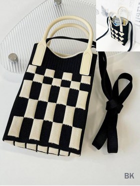 Large Capacity Super Soft Checker Patterned Knitted Cellphone Bag W Strap