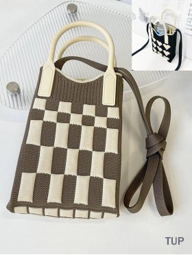 Large Capacity Super Soft Checker Patterned Knitted Cellphone Bag W Strap