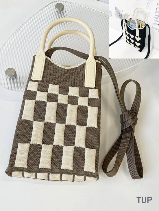 Large Capacity Super Soft Checker Patterned Knitted Cellphone Bag W Strap