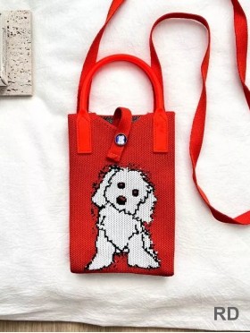 Large Capacity Super Soft Dog Patterned Knitted Cellphone Bag W Strap