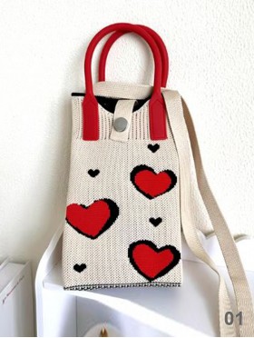 Large Capacity Super Soft Heart Patterned Knitted Cellphone Bag W Strap