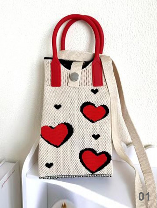 Large Capacity Super Soft Heart Patterned Knitted Cellphone Bag W Strap