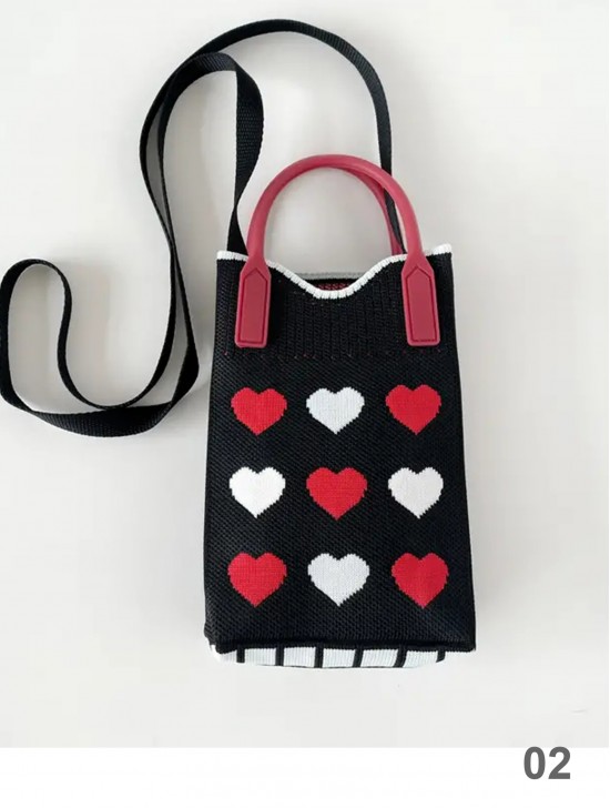 Large Capacity Super Soft Heart Patterned Knitted Cellphone Bag W Strap