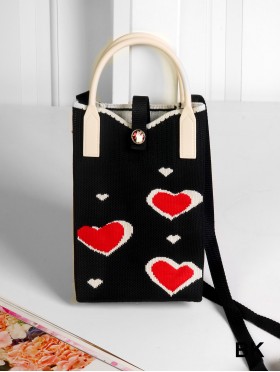 Large Capacity Super Soft Heart Patterned Knitted Cellphone Bag W Strap