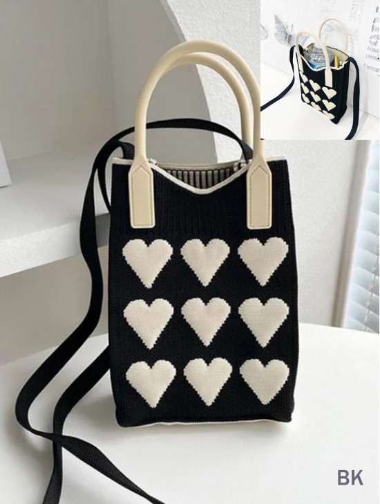 Large Capacity Super Soft Heart Patterned Knitted Cellphone Bag W Strap