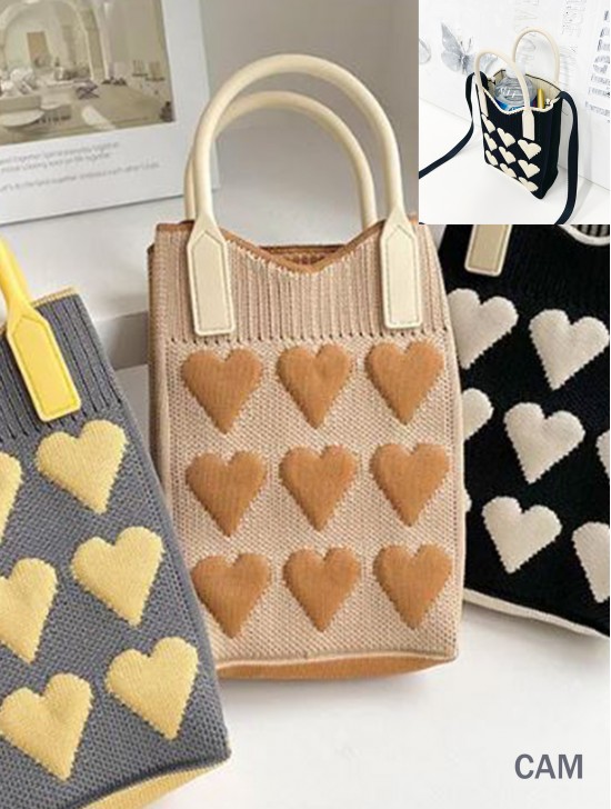 Large Capacity Super Soft Heart Patterned Knitted Cellphone Bag W Strap