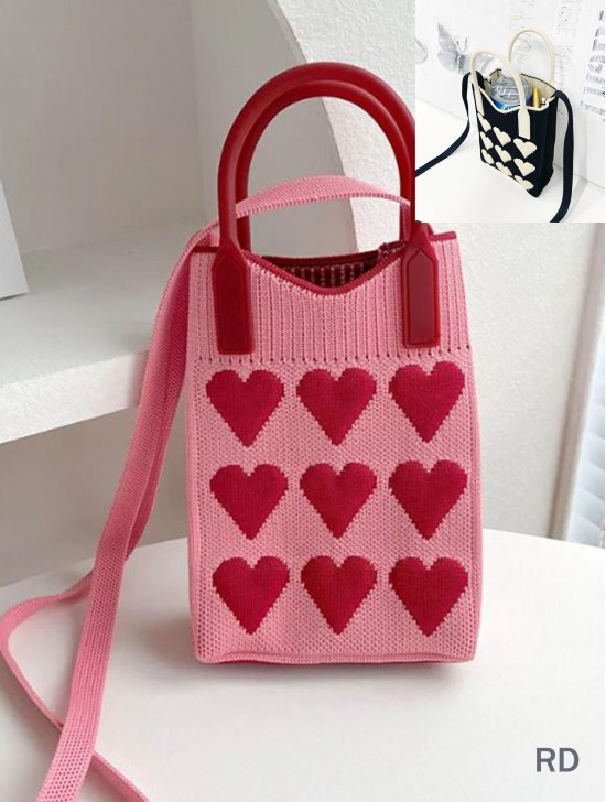 Large Capacity Super Soft Heart Patterned Knitted Cellphone Bag W Strap