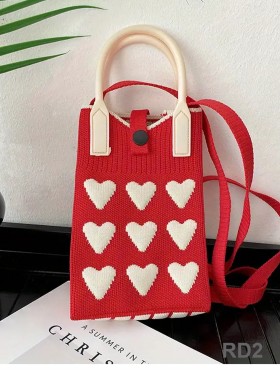 Large Capacity Super Soft Heart Patterned Knitted Cellphone Bag W Strap