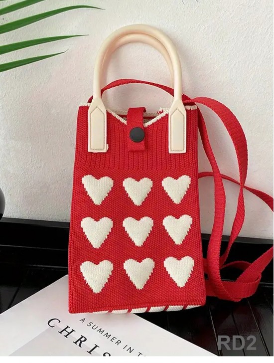 Large Capacity Super Soft Heart Patterned Knitted Cellphone Bag W Strap